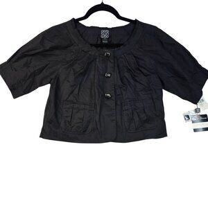 Clara Sunwoo Small Cropped Jacket Short Sleeve Black Cotton Button Front Pockets